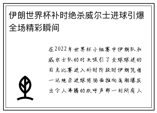 伊朗世界杯补时绝杀威尔士进球引爆全场精彩瞬间