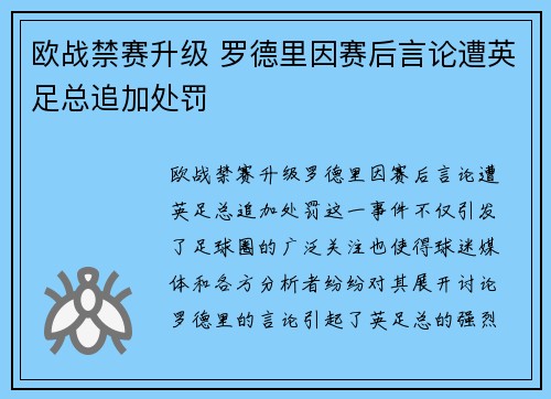 欧战禁赛升级 罗德里因赛后言论遭英足总追加处罚